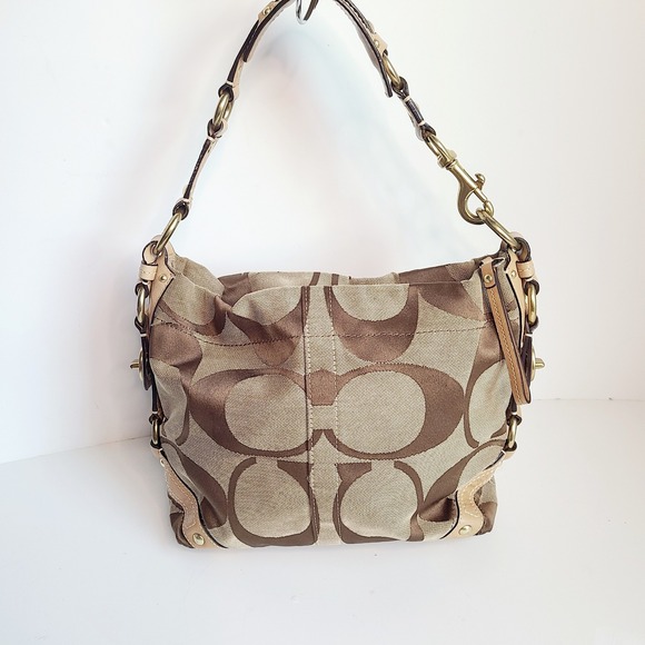 Coach Purse Tan Canvas Signature Jacquard Leather Carly Hobo Shoulder Bag 10619 - Picture 1 of 11